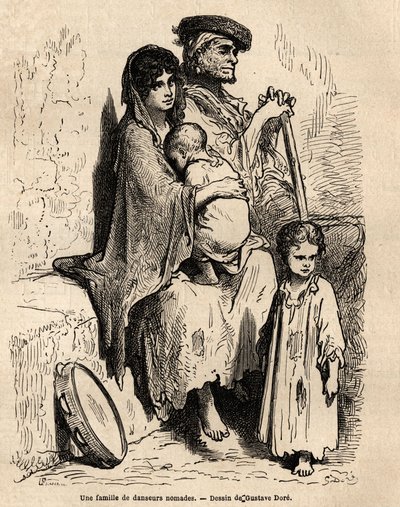 Nomád táncosok családja pihen Sevilla utcáin. Gustave Dore (1832-1883) vázlatát élőben készítette. A spanyolországi utazást illusztráló metszet, Charles Davillier és Gustave Dore 1862-ben a „Le tour du monde, nouveau Journal des voyag” c. alkotó: Gustave Dore