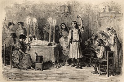 Temetési tánc, a halotti napon Jijonasban (Alicante tartomány). Gustave Dore (1832-1883) vázlatát élőben készítette. A spanyolországi utazást illusztráló metszet, Charles Davillier és Gustave Dore 1862-ben a „Le tour du monde, nouveau jour” c. alkotó: Gustave Dore
