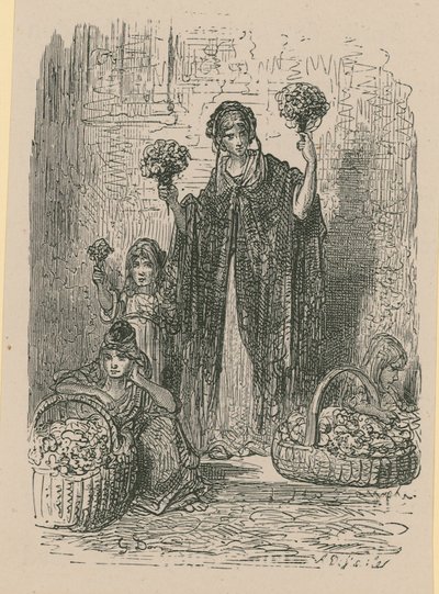 Fiatal nők egy csoportja, akik kosarakból virágot árulnak alkotó: Gustave Dore