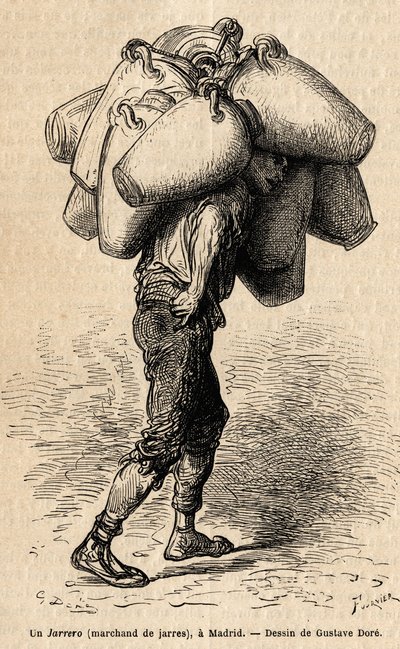 Korsós kereskedő, vázlat az élénk Madridban készült. Gustave Dore (1832-1883) metszete spanyolországi utazásának illusztrálására Ch. Davillier (szerkesztő), 1862-ben, megjelent a "" Le tour du monde""" 1869-ben, szerkesztette Edouard Charton, Hachette kiad alkotó: Gustave Dore