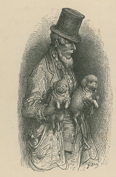 Egy férfi cilindert visel, miközben két kutyát tart a kezében alkotó: Gustave Dore