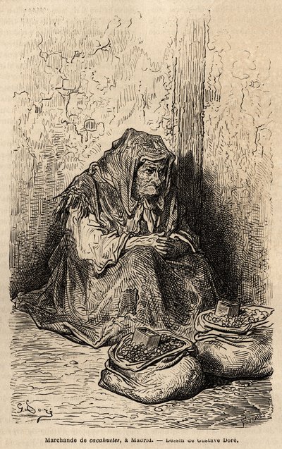 Egy földimogyoró-kereskedő, vázlat a madridi Puerta del solban. Gustave Dore (1832-1883) metszete spanyolországi utazásának illusztrálására Ch. Davillier (szerkesztő), 1862-ben, megjelent a "" Le tour du monde""" 1869-ben, szerkesztette Edouard Charton, Ha alkotó: Gustave Dore