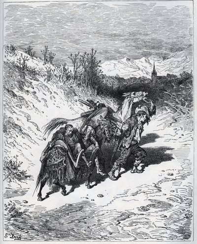 Egy szántó visszahozza Don Quijotét és Rossinantét a faluba – Miguel Cervantes „Don Quijote de la Mancha” című művéből alkotó: Gustave Dore