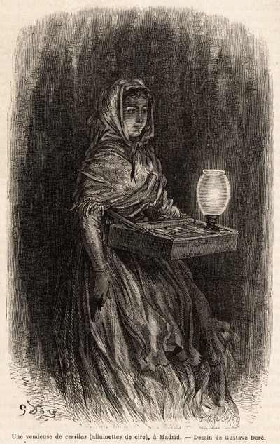 Viaszgyufa eladónő, vázlat élőben a puerta del solban, Madridban. Gustave Dore (1832-1883) metszete spanyolországi utazásának illusztrálására Ch. Davillier (szerkesztő), 1862-ben, megjelent a "" Le tour du monde""" 1869-ben, szerkesztette Edouard Charton, alkotó: Gustave Dore