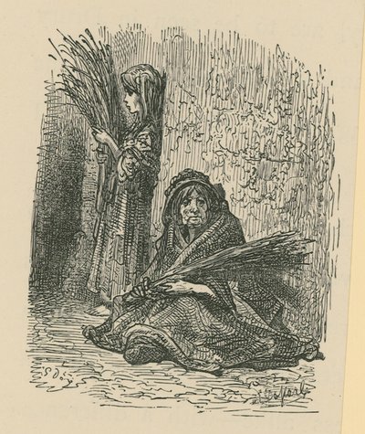 Egy nő és egy fiatal lány száraz virágokat árul alkotó: Gustave Dore