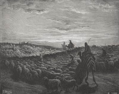 Ábrahám utazás Kánaán földjére, 1Móz 13:1-4, illusztráció Dore „The Holy Bible” című könyvéből, vésett Pisan, 1866 alkotó: Gustave Dore