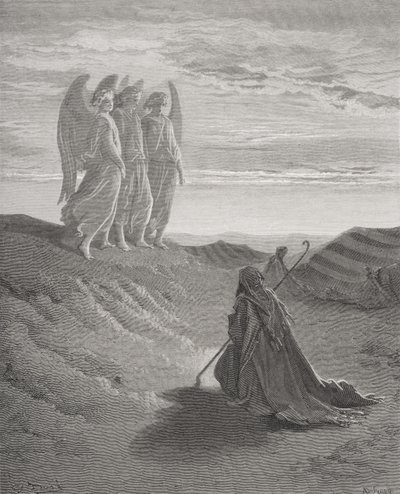 Ábrahám és a három angyal, illusztráció Dore „The Holy Bible” című művéből, vésette Ligny, 1866 alkotó: Gustave Dore