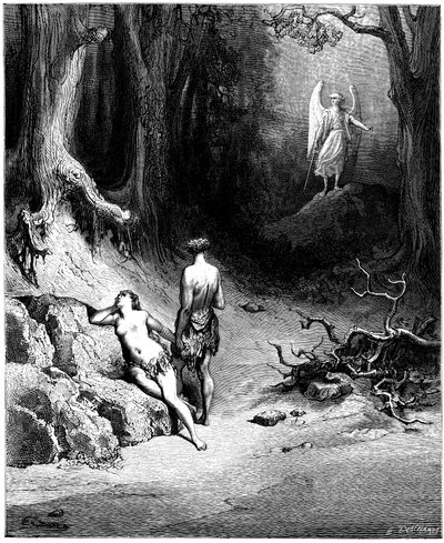 Ádám és Éva a Paradicsomból vadászik. Gustave Dore illusztrációja John Milton (1608-1674) "Elveszett Paradicsom" című művéhez. Metszet 1866-ból. Magángyűjtemény alkotó: Gustave Dore
