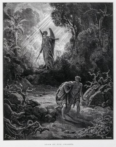 Ádámot és Évát egy angyal száműzi az Édenkertből, illusztráció a Dore Bibliából. alkotó: Gustave Dore