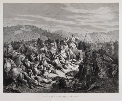 Ahab harcol az asszírokkal a qarqari csatában, illusztráció a Dore Bibliából. alkotó: Gustave Dore
