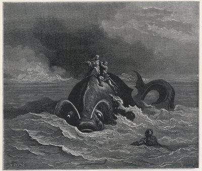 "Alcina (Alcina) és Renaud (Rinaldo), amint Astolfót (Astholfo) viszik egy bálna hátán (Orlando furioso)" Ludovico Ariosto (1474-1533) 19. század (metszet) alkotó: Gustave Dore