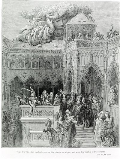 Egész életüket nem törvények, törvények vagy szabályok dolgozták fel, hanem akaratuk és őszinte akaratuk szerint, François Rabelais (1483-1553) Gargantua (1534) után. Metszett: Gustave Dore (1832-1883). alkotó: Gustave Dore