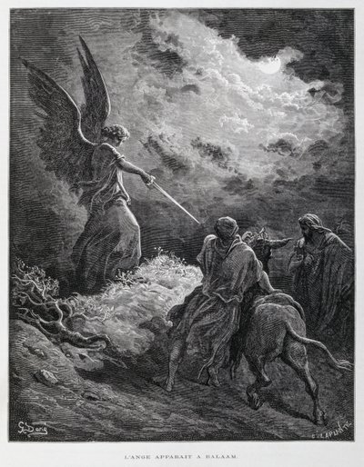 Egy angyal találkozott Bálámmal egy karddal, illusztráció a Dore Bibliából alkotó: Gustave Dore