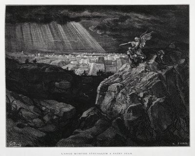 Egy angyal Keresztelő Szent Jánossal Jeruzsálem előtt, Illusztráció a Dore Bibliából. alkotó: Gustave Dore