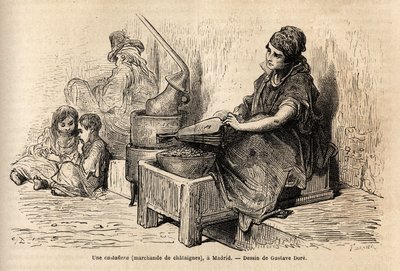 Egy szabadtéri gesztenyekereskedő, hordozható sütőjével, vázlatot rajzol a madridi Puerta del sol élénkségéről. Gustave Dore (1832-1883) metszete spanyolországi utazásának illusztrálására Ch. Davillier (szerkesztő), 1862-ben, megjelent a „Le tour du monde” alkotó: Gustave Dore
