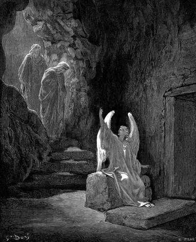Angyal, amely Mária Magdolnát és a másik Mária Krisztus üres sírját mutatja, 1865-1866 alkotó: Gustave Dore