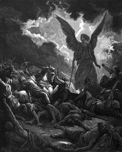 Gábriel arkangyal, Isten eszköze, lecsapott Szanherib és az asszírok táborára, 1865-1866 alkotó: Gustave Dore