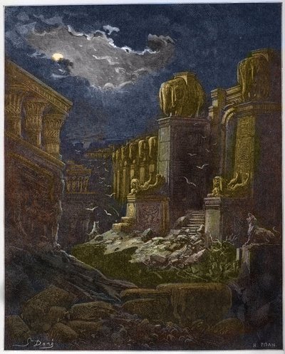 Babilon romja – Babilon bukása – Babilon romokban (Szent János látomása) – Gravírozás Gustave Dore (1832-1883) „The Bible Illustree”-be – Metszet „A Dore Bibliából” alkotó: Gustave Dore