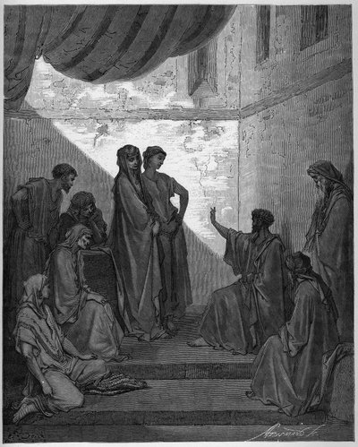 Százados Kornél megkeresztelkedése – Százados Kornéliusz elfogadja Jézus Krisztus hitét, és Szent Péter megkeresztelkedett. - Gravírozás Gustave Dore (1832-1883) „The Bible Illustree”-be - Metszet a „Dore Bibliából” alkotó: Gustave Dore