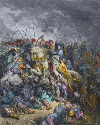 Arsuri csata - I. Richárd Oroszlánszív (1157-1199), angol király részt vesz a 3. keresztes hadjáratban - Oroszlánszívű Richárd az arsufi csatában (1191), Harmadik keresztes hadjárat, Gustave Dore metszete - Joseph A keresztes hadjáratok történetéből -Franc alkotó: Gustave Dore