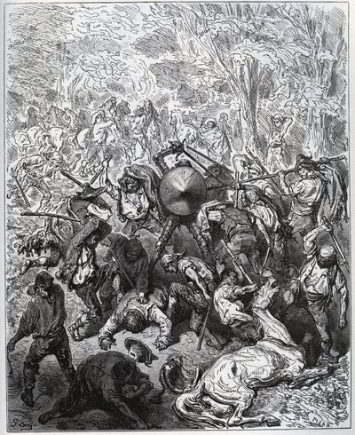 Harc az öszvérgyártókkal - A yangoik használták a ütőiket - Miguel Cervantes (1547-1616) "Don Quijote de la Mancha" című filmjéből (Don Quijote) - Fametszet Gustave Dore rajza alapján alkotó: Gustave Dore