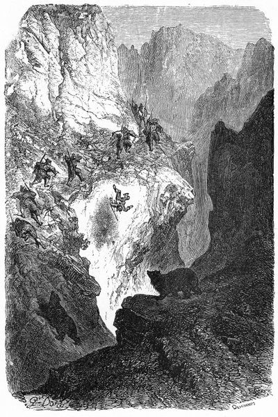 Medvevadászat a Pireneusokban: egy férfi lezuhan a hegyről. Gustave Dore metszete Hippolyte Taine "Utazás a Pireneusokba" című könyvének illusztrációjához, Hachette 1860. alkotó: Gustave Dore