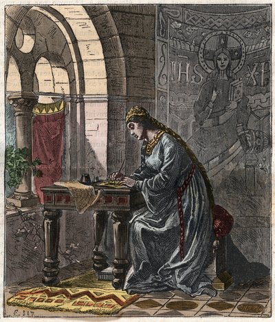 Montfort-i Bertrade (1070-1117) Franciaország királynője (I. Fülöp francia király felesége) Fontevrault-ban – Gustave Dore 19. századi metszete a „Franciaország nemzeti történelmének illusztrálásával a legvisszahúzódóbb időktől napjainkig” 1876-ban. Privat alkotó: Gustave Dore