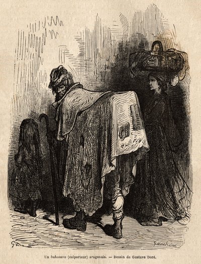Buhonero, aragóniai házaló. Gustave Dore (1832-1883) rajza. A spanyolországi utazást illusztráló metszet, Charles Davillier 1862-ben, megjelent a „Le tour du monde”” 1872-ben, szerkesztette Edouard Charton, Hachette kiadás, Párizs. Selva kollekció. alkotó: Gustave Dore