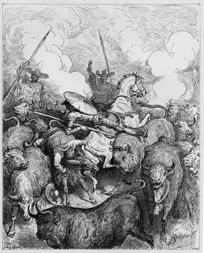 Bikaviadal, Miguel Cervantes "Don Quijote de la Mancha" című művéből, Heliodore Joseph Pisan metszete, 1875 körül. alkotó: Gustave Dore