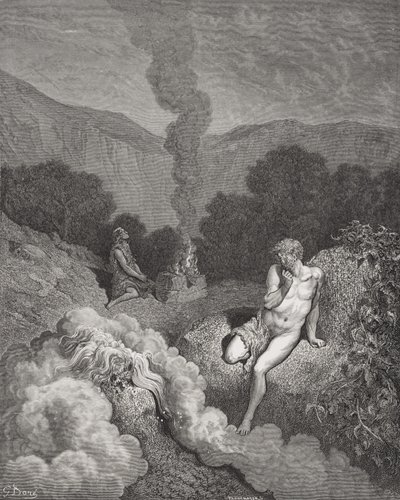 Káin és Ábel áldozatokat ajánlva, illusztráció Dore „The Holy Bible” című könyvéből, Pannemaker metszet, 1866 (metszet) alkotó: Gustave Dore