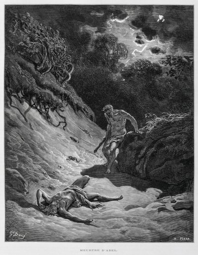 Káin megöli testvérét, Ábelt, illusztráció a Dore Bibliából. alkotó: Gustave Dore