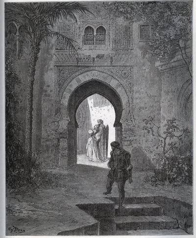 Rabló történet. A fogoly első találkozása Zoraide-dal az apa kertjében, aki visszahozza a rosszullét után Miguel Cervantes „Don Quijote de la Mancha” című művéből. alkotó: Gustave Dore