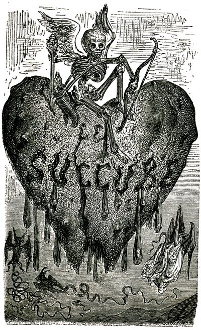 Honore de Balzac (1799-1850) Drolatikus mesék (1855) című művéhez Gustave Dore fejezetcím-illusztrációja: Succubus (vámpír) - csontváz, halál, szív, vér... alkotó: Gustave Dore