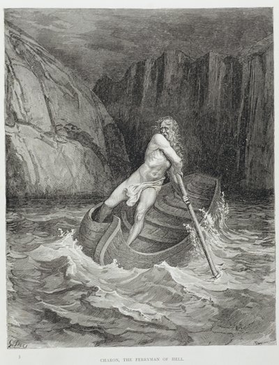 Charon, a pokol révésze, Dante Alighieri (1265-1321) Isteni színjátékából (Inferno) Stephane Pannemaker (1847-1930) metszetében, 1868 körül. alkotó: Gustave Dore