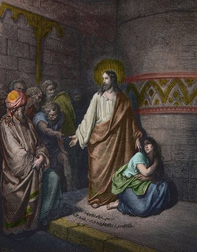 „Krisztus és a házasságtörő nő” Illusztráció: Gustave Dore (1832-1883) - Jézus és a házasságtörésen elhurcolt nő - Gustave Dore metszet - későbbi színezés alkotó: Gustave Dore