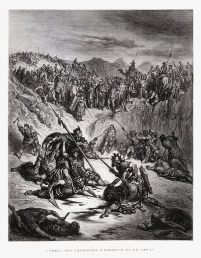 Izs-Bóset és Dávid harcoló katonái, illusztráció a Dore Bibliából alkotó: Gustave Dore