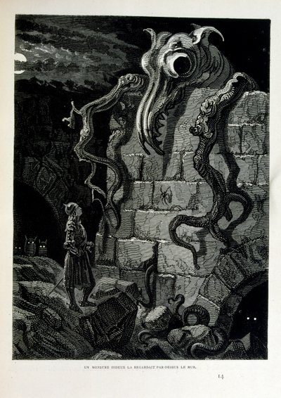 Croque-Mitaine; 1863-as illusztráció, Gustave Dore (1832-1883); Francia művész, grafikus, illusztrátor. Croque-Mitaine (A bogeyman) egy rosszindulatú karakter, amelyet a gyerekeknek mutattak be, hogy megijessze őket, és ezáltal bölcsebbé tegye őket. alkotó: Gustave Dore