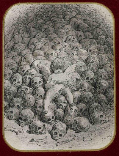 ""Ámor pisztollyal felfegyverkezve ül a koponyák hegyén"" (Cupid with a Pistol on Top of a Skull) Gustave Dore (1832-1883) tinta és rajza Magángyűjtemény alkotó: Gustave Dore