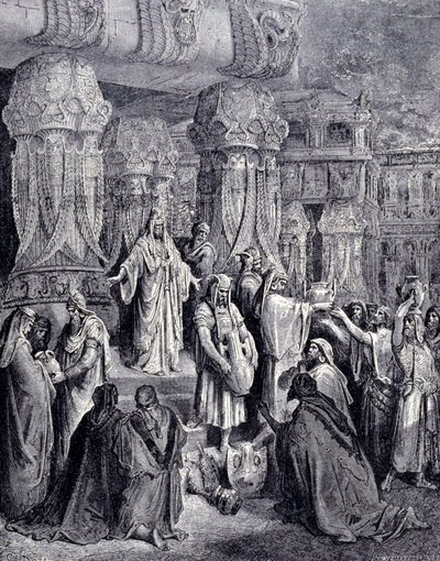 Nagy Cirosz (Kr. e. 580 - ie 530) kiszabadította a foglyul ejtett népeket, amikor i. e. 539-ben megérkezett Babilonba, és visszaadta a zsidó népnek azokat a szent edényeket, amelyeket a jeruzsálemi templomban zsákmányul vettek. Gustave Doré metszete. alkotó: Gustave Dore