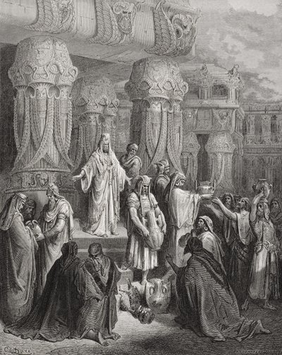Cyrus helyreállítja a templom edényeit, illusztráció Dore "A Szent Biblia" című művéből, Pannemaker metszete, 1866. alkotó: Gustave Dore