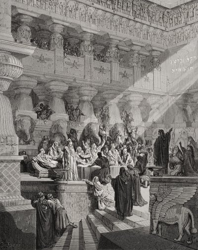 Daniel értelmezi az írást a falon, Dániel 5:25-28, illusztráció Dore „The Holy Bible” című könyvéből, Ligny metszetében, 1866 alkotó: Gustave Dore
