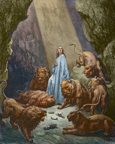 Danielt bedobják az Oroszlánok barlangjába - Daniel az Oroszlánok barlangjában - Gustave Dore metszet - későbbi színezés alkotó: Gustave Dore