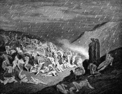 Dante és Vergilius a pokolban gyötrődő lelkekre tekintenek, 1863 alkotó: Gustave Dore