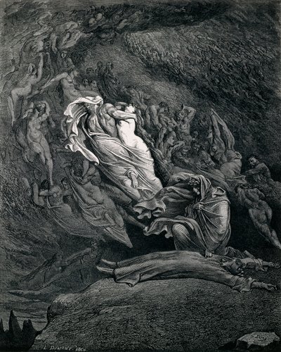 Dante és Vergilius Paolóval és Francescával, Illusztráció az Infernóhoz, az Isteni színjáték V. éneke, Dante Alighieri (1265-1321), Gustave Dore (1832-1883) alkotó: Gustave Dore