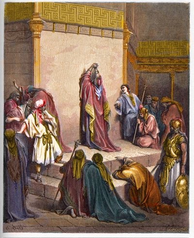 Dávid, Izrael Egyesült Királyságának királya Absolon halálát gyászolja. Dávid király vigasztalhatatlan Absalon (Avshalom) halála miatt - metszet Gustave Dore (1832-1883) „The Bible illustree”-ébe alkotó: Gustave Dore
