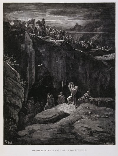 Dávid hűségesen felajánlja kardját Saulnak, Izrael királyának, Illusztráció a Dore Bibliából. alkotó: Gustave Dore