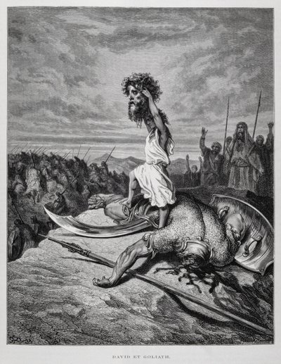 Dávid megöli Góliátot, Illusztráció a Dore Bibliából alkotó: Gustave Dore
