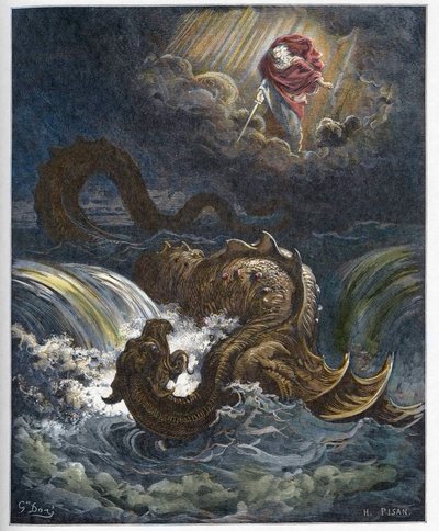 Leviatán elpusztítása - A Leviatán, az Ószövetség tengeri szörnyének elpusztítása - Gustave Dore (1832-1883) "" The Bible illustree"-be vésve - Metszet "" The Dore Bible"-ből" alkotó: Gustave Dore