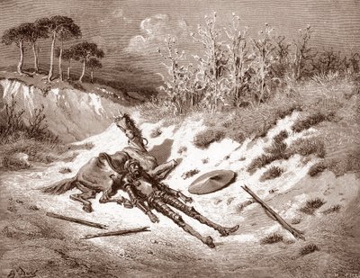Don Quijote A megverése után Quijote felhívja ideális hölgyét, Dulcinea del Tobosót Gustave Dore (1832-1883) metszete „Az Ingenieux Hidalgo Don Quijote de la Mancha (Quixotte – Quijote)” című művéhez, Migueltől, Cervantestől (1547-1663) Magángyűjtemény alkotó: Gustave Dore