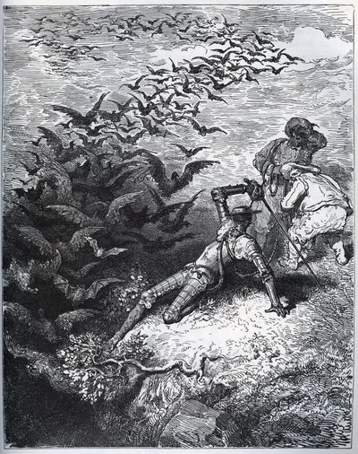 Don Quijote a la cave de Montesinos – Montesinos barlangjából végtelen számú varjú és bástya repül ki, Don Quijotét a földre lökve (II, 22) – Miguel Cervantes (1547-) „Don Quijote de la Mancha” című művéből. 1616) (Don Quijote) - Fametszet rajz után alkotó: Gustave Dore